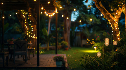 Obraz premium Cozy Backyard Evening with String Lights and Garden View