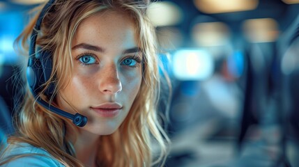 young female customer service or call center employee with a telephone headset on a blurred business background. Generative ai