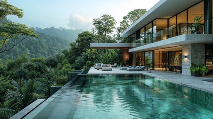 Luxury modern house with large outdoor pool surrounded by green trees and vegetation. Generative ai