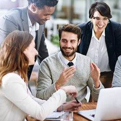 Business meeting, team and collaboration for laptop, diversity and planning for brainstorming,...