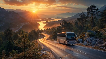 shuttle bus driving down a scenic morning road outside of town. Generative ai