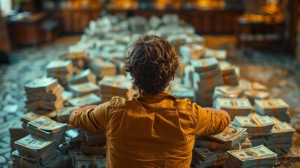 a man sits in front of a huge pile of money. Generative ai