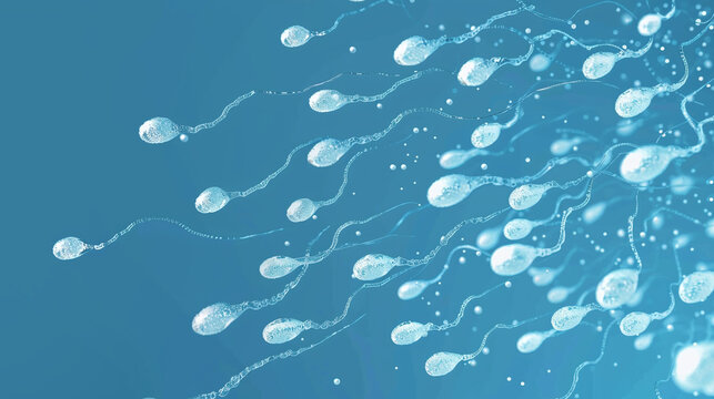 3D illustration of white sperms swimming in blue background