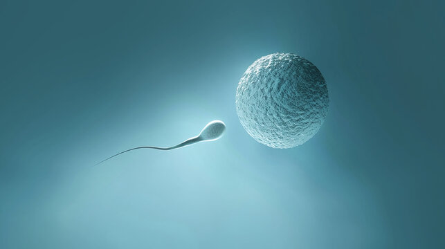 3D illustration of winning sperm reaching out ovule