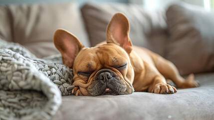 Cheerful French Bulldog Napping on Sofa - Pet Relaxation