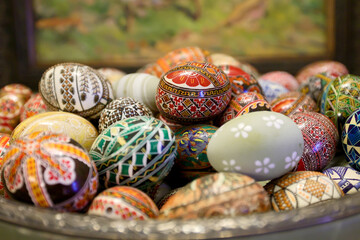 Traditional hand made painted Easter eggs presented at a fair of popular traditions. This eggs are...