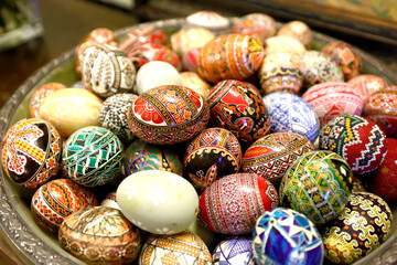 Traditional hand made painted Easter eggs presented at a fair of popular traditions. This eggs are painted with traditional motifs from Bukovina.