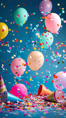 birthday background with confetti rain and ballons 