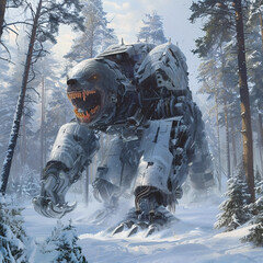menacing robot bear in the winter forest