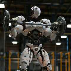 robot in the gym with a barbell