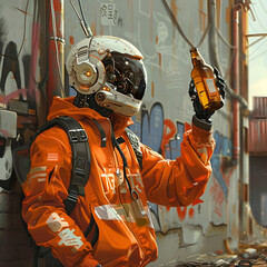 robot in a helmet, red suit with a bottle