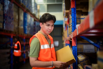 Smart Asian man warehouse worker wearing safety vests checking inventory stock information with...