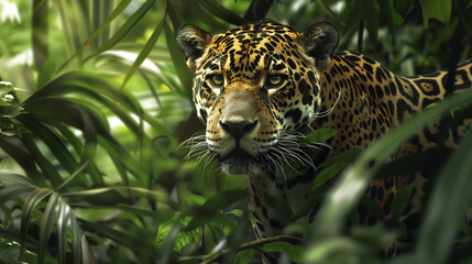 Stealthy Majesty: A Majestic Jaguar Roaming the Amazon Rainforest Undergrowth