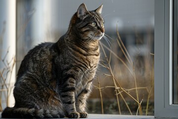 Tabby cat sitting on the windowsill in the garden at sunset - obrazy, fototapety, plakaty