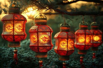 Lanterns in the garden at sunset, chinese lanterns - obrazy, fototapety, plakaty