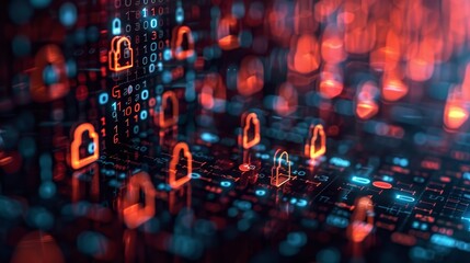 Obraz premium A computer screen with a bunch of red and blue icons that look like locks