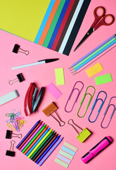 School supplies, various accessories in full color, zenith view.
