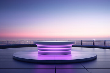 Podium with violet lights on balcony, ocean sunset. Futuristic product pedestal, platform illuminated by neon, on dark backdrop of cityscape at night, outdoor setting for exhibition