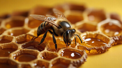Bee on honeycomb on honey background	