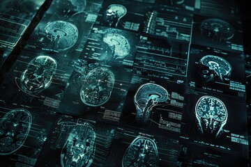 Dark and moody 3D representation of brain scans, each layer annotated by handdrawn notes and diagrams, illuminated by focused, soft lighting,