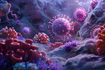 Obraz premium Subtly lit 3D depiction of a viral infection process, showing a virus penetrating a human cell in a shadowy environment,