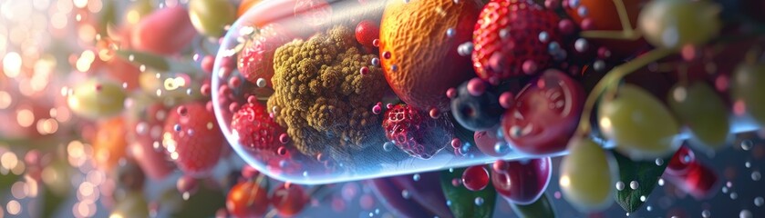 Closeup 3D depiction of a nutrientrich capsule, overflowing with a spectrum of fruit and vegetable powders, highlighted by subtle, moody lighting to enhance the textures,
