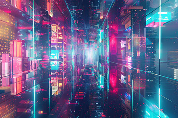 A futuristic background with a mirrored surface reflecting a distorted, colorful neon cityscape, giving an illusion of depth and complexity.