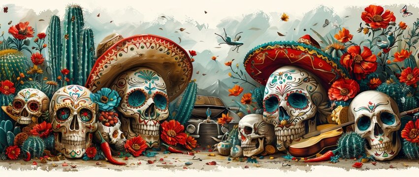 Vibrant and detailed illustration of Mexican Day, showcasing skulls decorated with colorful patterns like peonies or stars, wearing sombreros and ponchoes, Generative AI