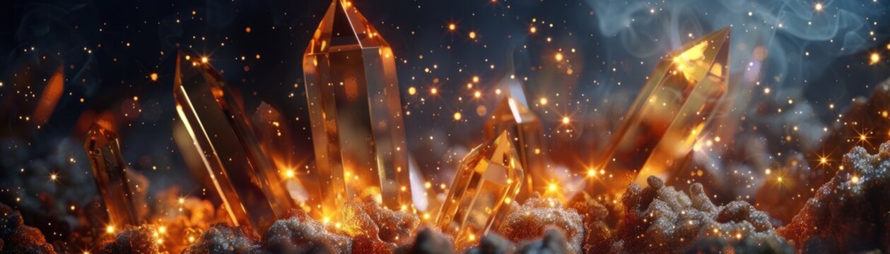 Dark 3D illustration of crystals forming in a supersaturated solution, crystals glowing under atmospheric lighting,
