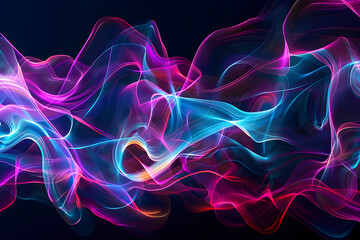 Whimsical neon waves in pink and blue. Dreamy abstract landscape on black background.