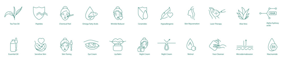 Skincare Essentials Icon Set: Tea Tree, Tea Tree Oil, Peptides, Chemical Peel, Omega Fatty Acids, Wrinkle Reducer, Ceramides, Hypoallergenic, Skin Rejuvenation, Laser Treatment, Aloe Vera