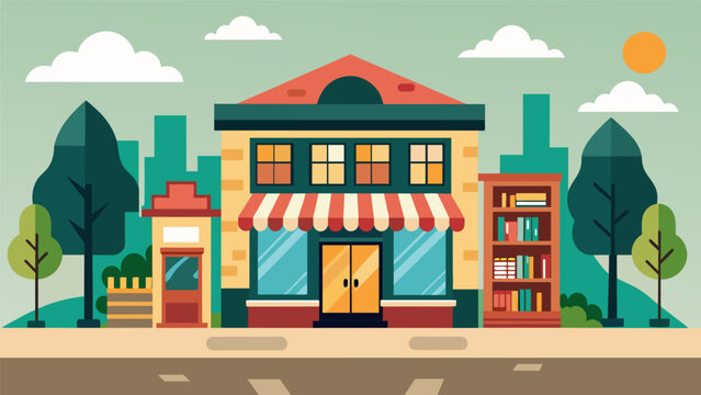 Along the way they pass by a charming old bookstore that has been a beloved neighborhood landmark for decades.. Vector illustration