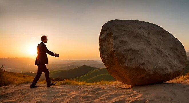 Businessman pushing a rock.