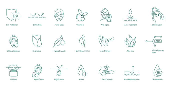 Skincare vector Icon Set: Sun Protection, Exfoliation, Facial Mask, Vitamin C, Anti-Aging, Acne Treatment, Glowing Skin, Wrinkle Reducer, Ceramides, Hypoallergenic, Skin Rejuvenation, Laser treatment 