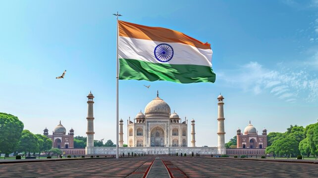 The Indian flag waving proudly over famous Indian landmarks like the Taj Mahal, India Gate, and the Gateway of India, depicted in a panoramic landscape under a clear blue sky