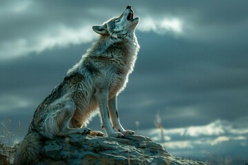 A wolf sitting on a rock and looking at the camera,  Dramatic sky