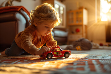 A little boy is playing with a toy car on the floor at home