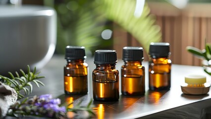 Essential oils on bathroom table for aromatherapy. Concept Aromatherapy, Essential Oils, Bathroom Decor - obrazy, fototapety, plakaty