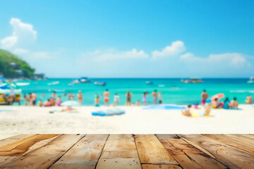 Fototapeta premium Summer holiday concept: Wooden table with the beach background