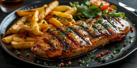 Grilled Chicken Chop With French Fries on Black Plate