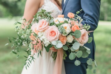  close-up shot of the bride's bouquet, showcasing pastel flowers . bride holding it in hand, standing next to the groom