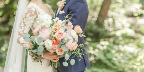  close-up shot of the bride's bouquet, showcasing pastel flowers . bride holding it in hand, standing next to the groom