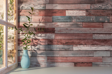 Panorama de fond d'un mur en planches en bois avec une fenêtre pour création d'arrière plan. Jeu...