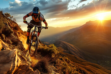 A man is riding a bike on a rocky mountain trail. The sun is setting in the background, casting a warm glow over the scene. The man is focused on his ride, navigating the rocky terrain with skill