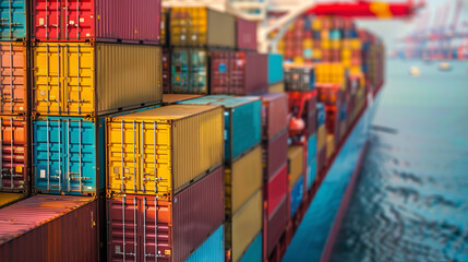A close-up shot of a cargo ship's side, showing the texture and details of the stacked containers, with the port's bustling activity slightly blurred in the background, Generative AI