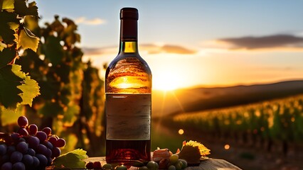 aged bottle of wine glowing under the low sun with a vineyard in the background
