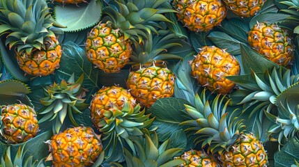 Fototapeta premium A close-up image of a pile of pineapples with green leaves.