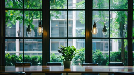 Naklejka premium Conference empty room in a sustainable office space, large windows overlooking greenery or urban green spaces, environment concept 