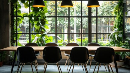 Conference empty room in a sustainable office space, large windows overlooking greenery or urban green spaces, environment concept	
