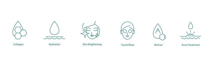Collagen, Hydration, Skin Brightening, Face Mask, Retinol, Acne Treatment Vector Icons Set